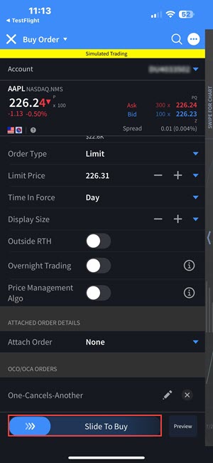 The OCA slide to submit buy order on the iPhone. 
